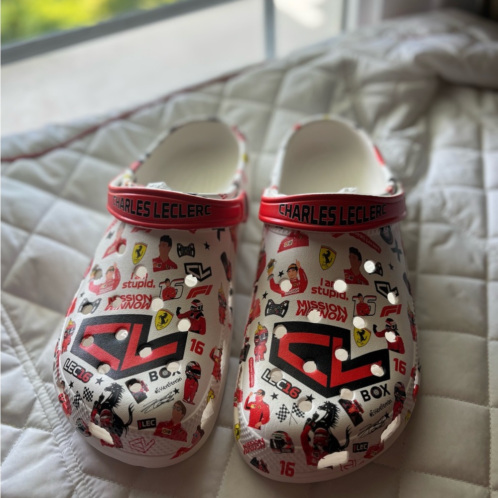 Charles Leclerc themed crocs (not actual crocs)